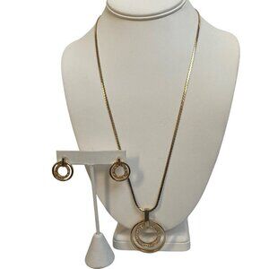 Gold Tone Circle Pendant Necklace Earring Set Rhinestone Inlay 24" S Chain